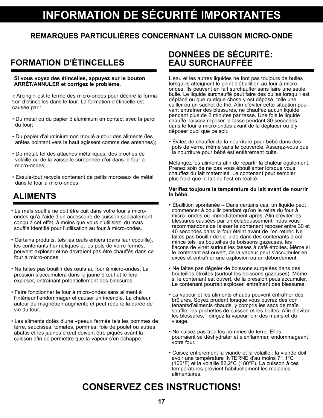 Danby DMW077BLSDD, DMW077BLDB manual Formation D’ÉTINCELLES Données DE Sécurité EAU Surchauffée, Aliments 