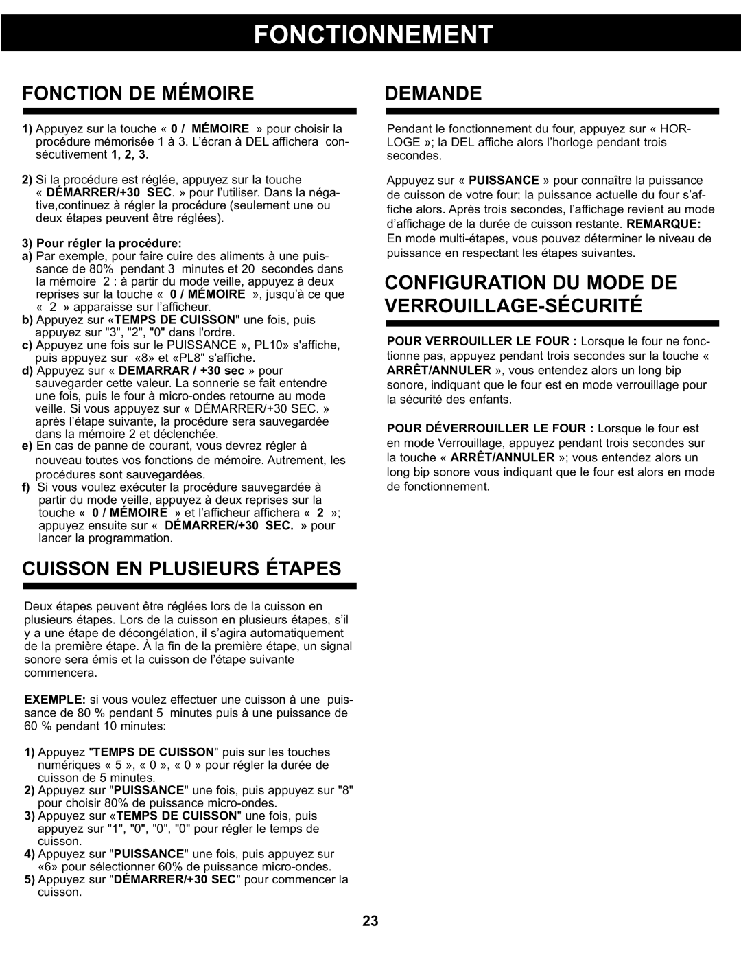 Danby DMW077BLSDD, DMW077BLDB manual Fonction DE Mémoire, Cuisson EN Plusieurs Étapes, Demande, Pour régler la procédure 