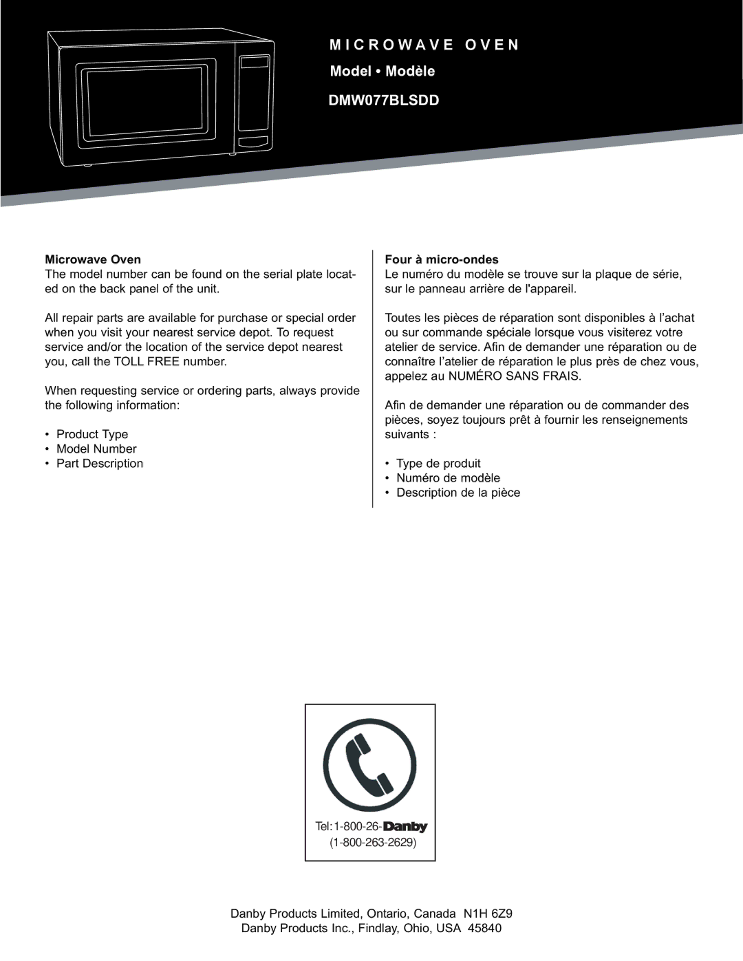 Danby DMW077BLSDD, DMW077BLDB manual Microwave Oven, Four à micro-ondes 