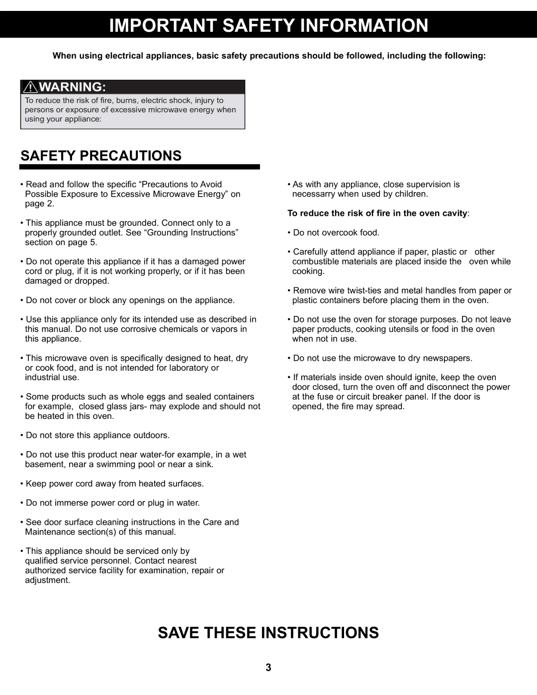 Danby DMW077BLSDD, DMW077BLDB manual Safety Precautions, To reduce the risk of fire in the oven cavity 