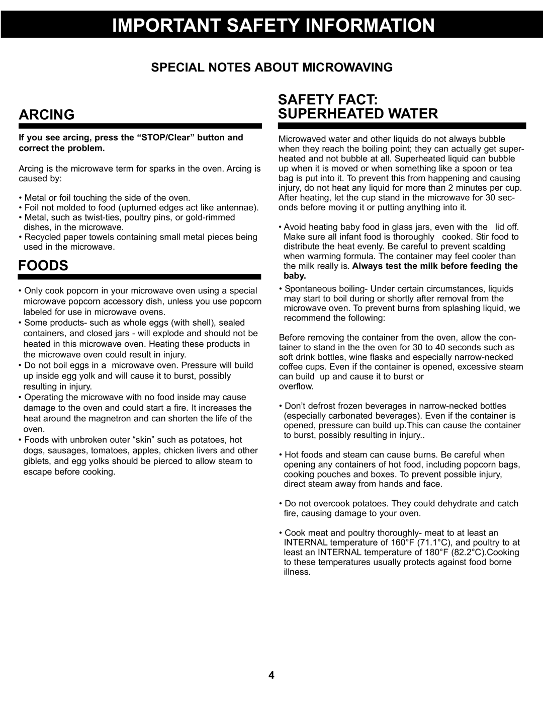 Danby DMW077BLDB, DMW077BLSDD manual Arcing, Foods, Safety Fact Superheated Water 