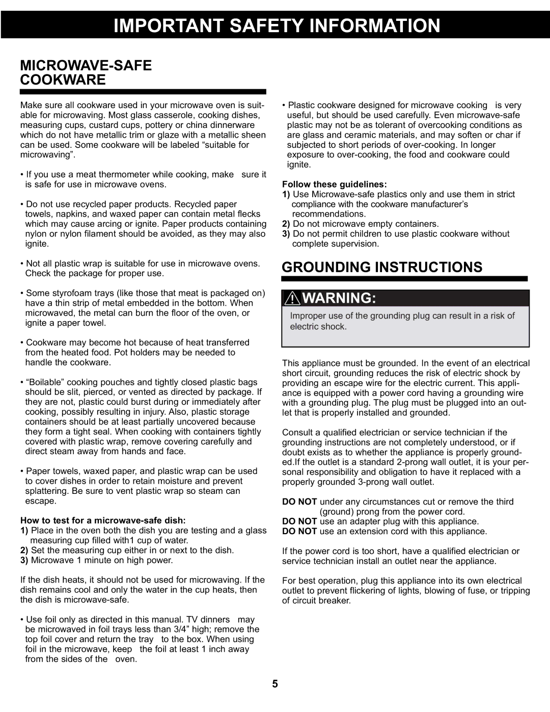 Danby DMW077BLSDD, DMW077BLDB manual MICROWAVE-SAFE Cookware, Grounding Instructions, How to test for a microwave-safe dish 