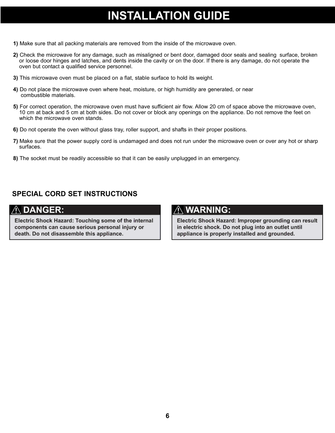 Danby DMW077BLDB, DMW077BLSDD manual Installation Guide, Special Cord SET Instructions 