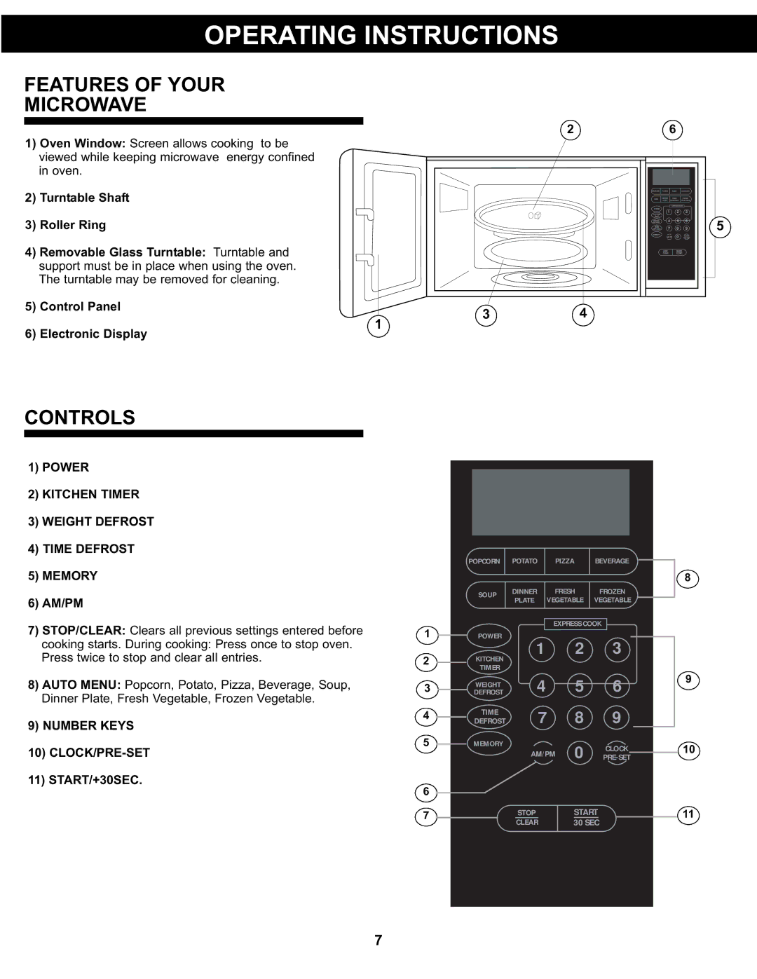 Danby DMW077BLSDD, DMW077BLDB manual Operating Instructions, Features of Your Microwave, Controls, Number Keys CLOCK/PRE-SET 