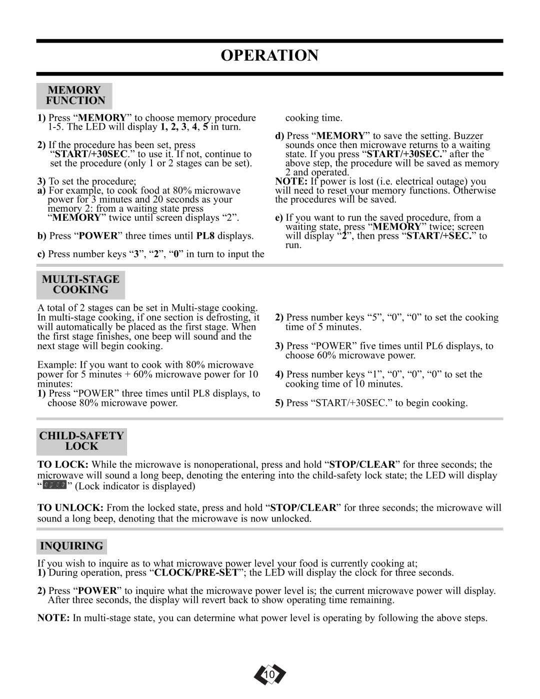 Danby DMW099BLSDD operating instructions Memory Function, MULTI-STAGE Cooking, CHILD-SAFETY Lock, Inquiring 