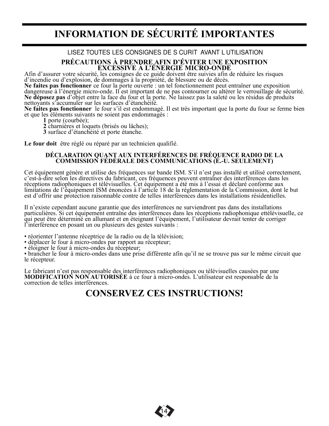 Danby DMW099BLSDD operating instructions Information DE Sécurité Importantes 