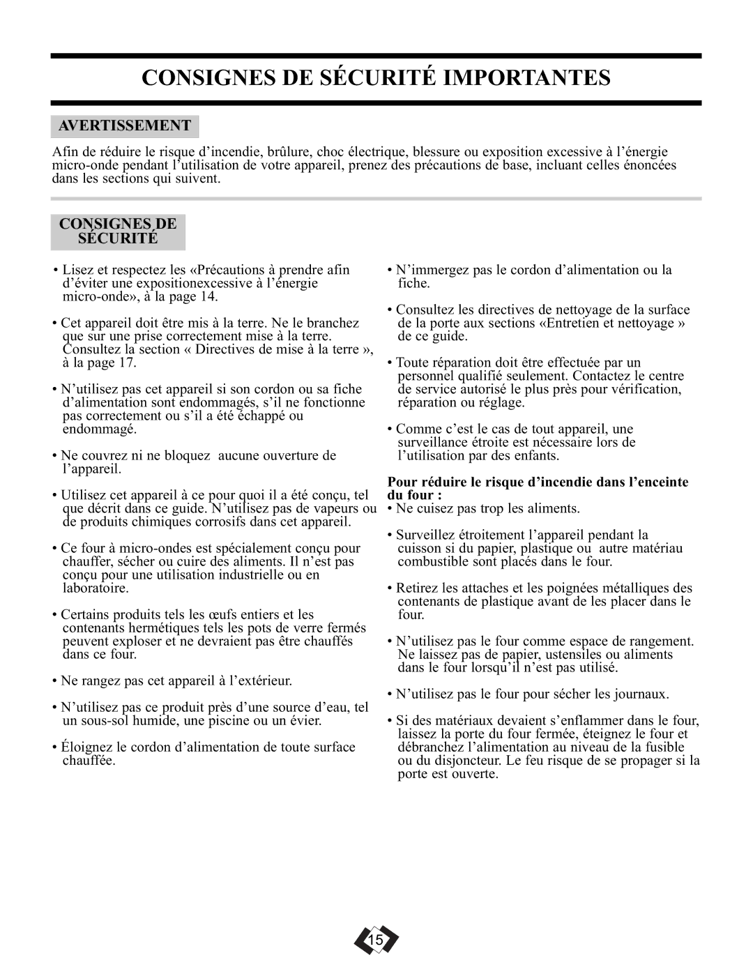 Danby DMW099BLSDD operating instructions Consignes DE Sécurité Importantes, Avertissement 