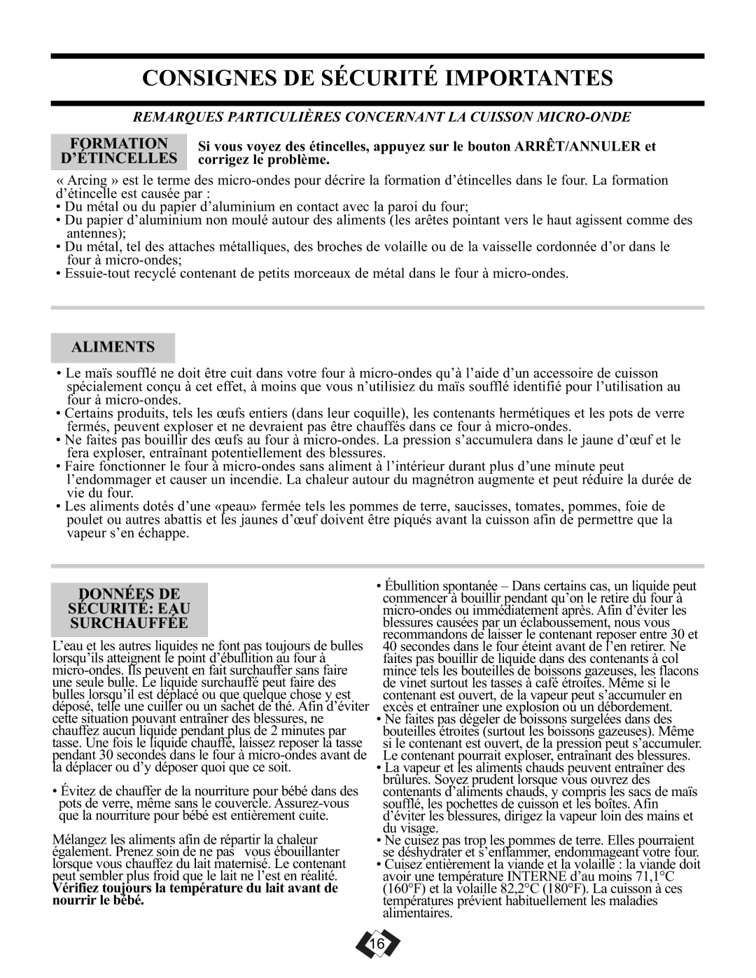 Danby DMW099BLSDD Formation, ’Étincelles, Aliments, Données DE Sécurité EAU Surchauffée, Corrigez le problème 