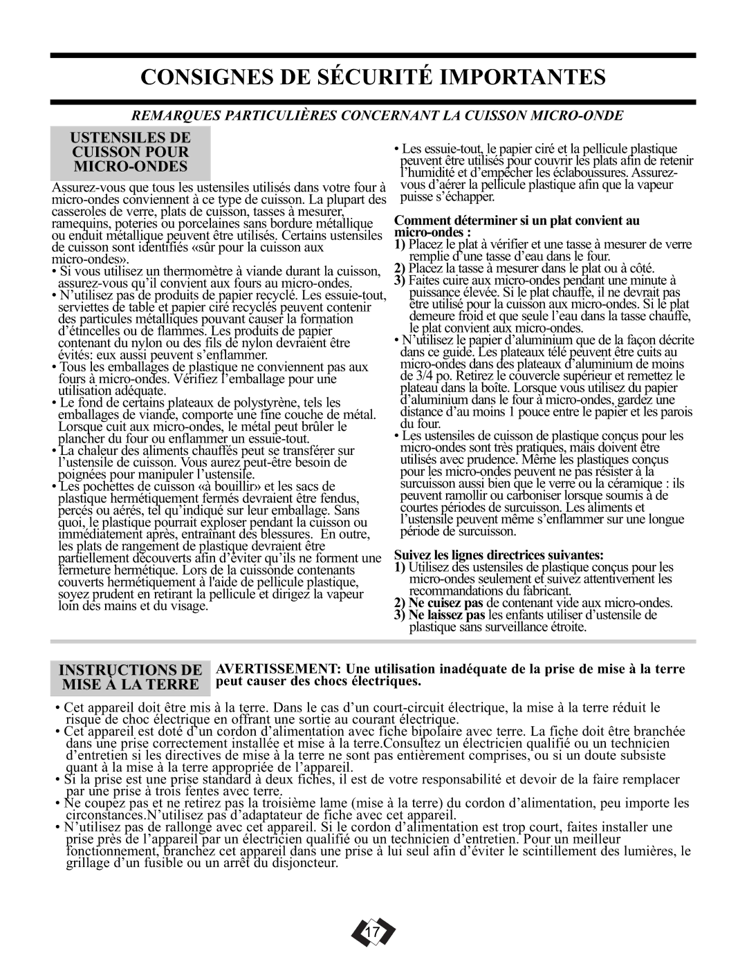 Danby DMW099BLSDD operating instructions Ustensiles DE Cuisson Pour MICRO-ONDES, Instructions DE, Mise À LA Terre 