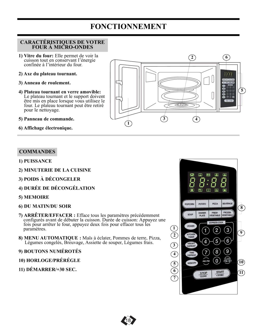 Danby DMW099BLSDD operating instructions Fonctionnement, Caractéristiques DE Votre Four Á MICRO-ONDES, Commandes 