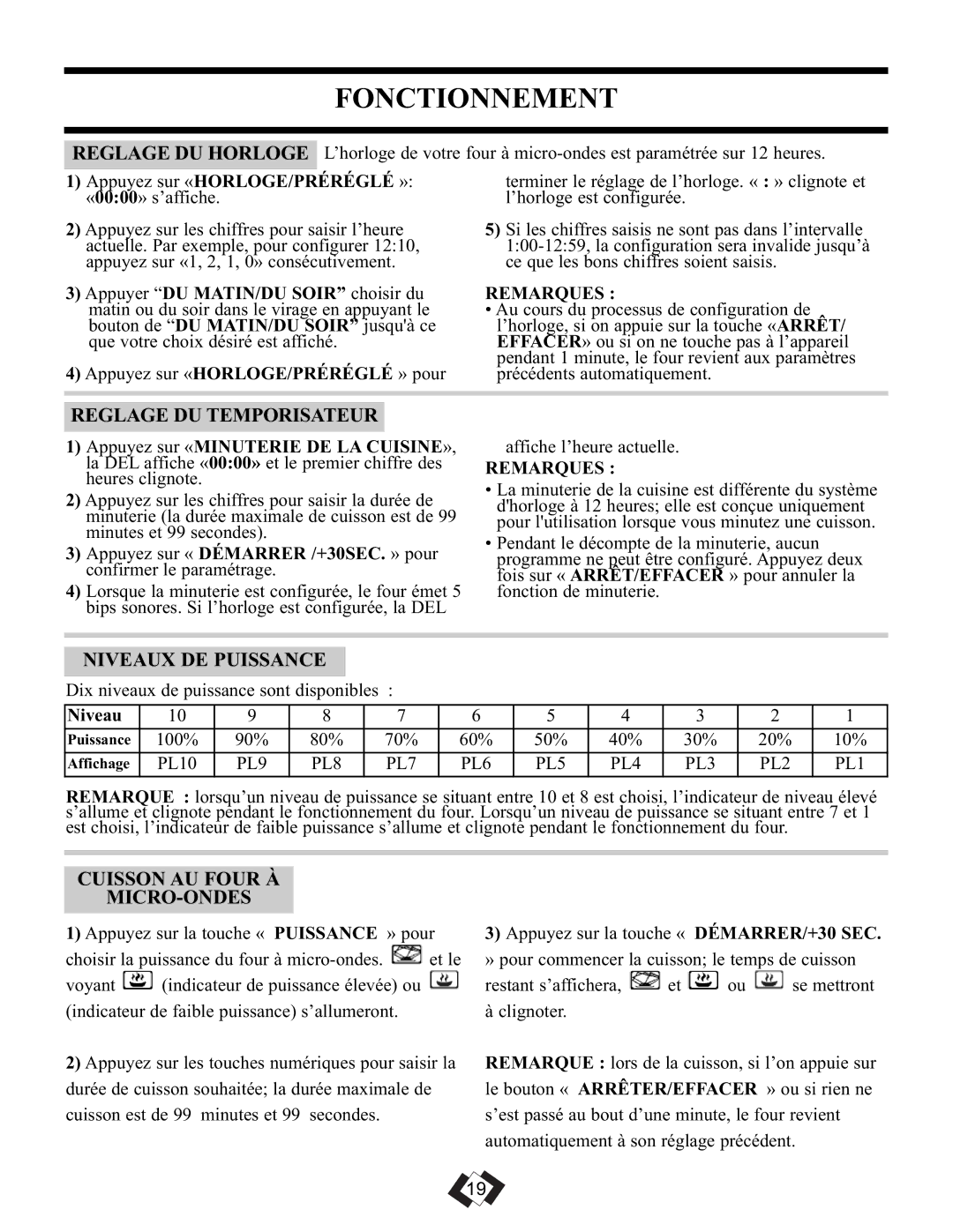 Danby DMW099BLSDD operating instructions Reglage DU Temporisateur, Niveaux DE Puissance, Cuisson AU Four À MICRO-ONDES 