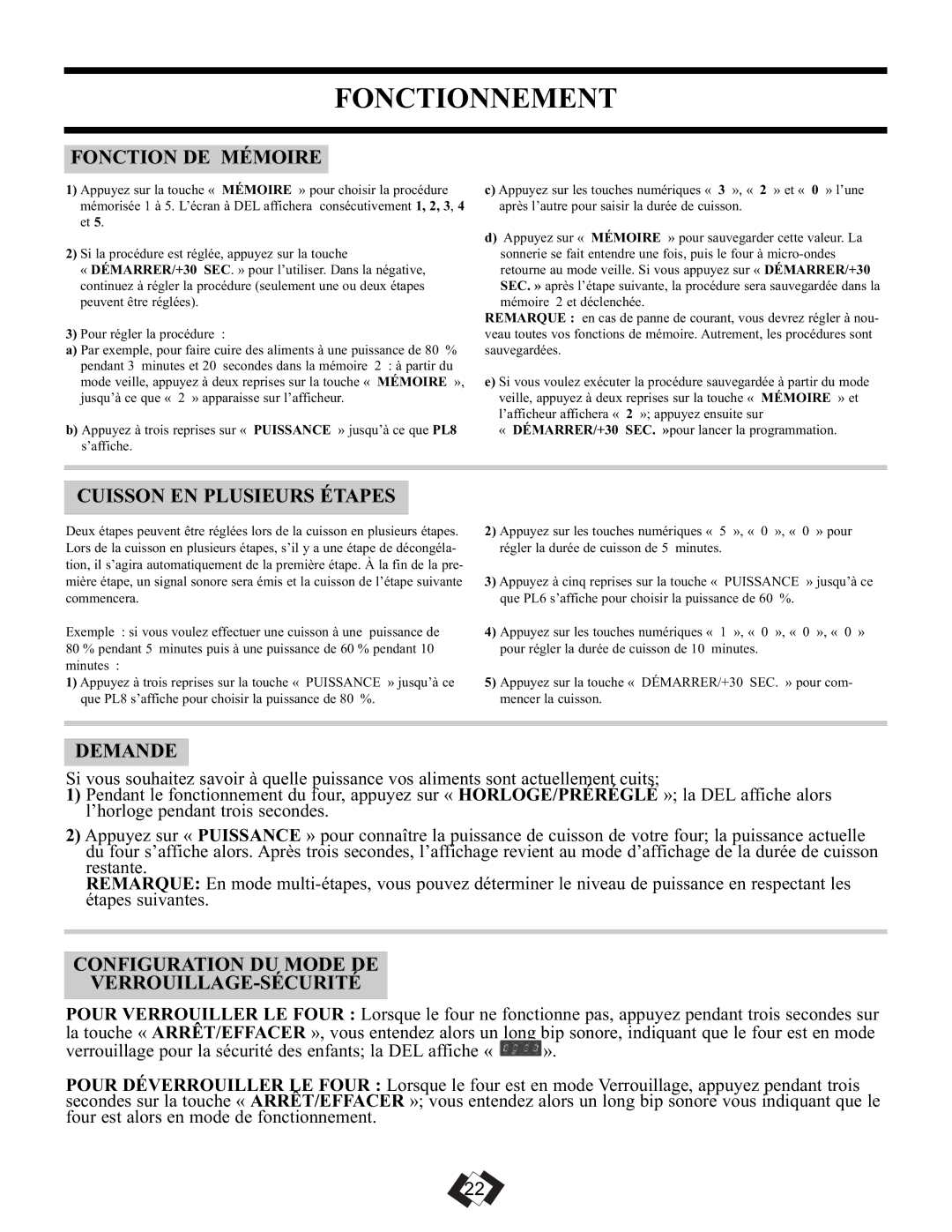 Danby DMW099BLSDD operating instructions Fonction DE Mémoire, Cuisson EN Plusieurs Étapes, Demande 