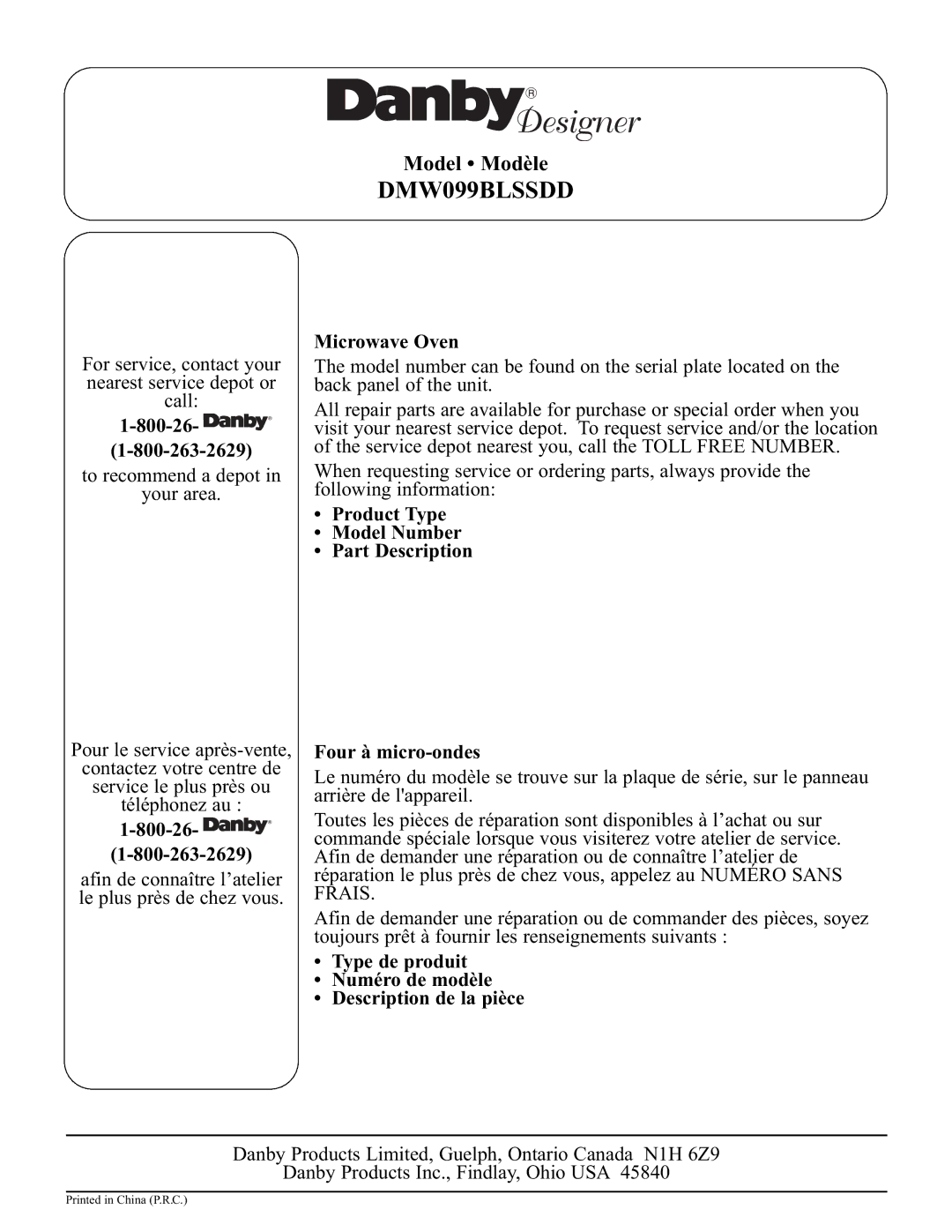 Danby DMW099BLSDD operating instructions Microwave Oven, Type de produit Numéro de modèle Description de la pièce, 800-26 