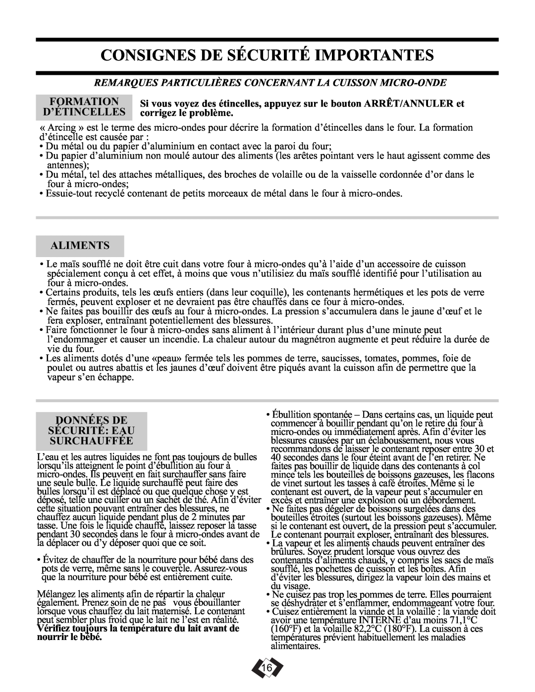 Danby DMW099BLSDD operating instructions Consignes De Sécurité Importantes, Formation, D’Étincelles, Aliments 