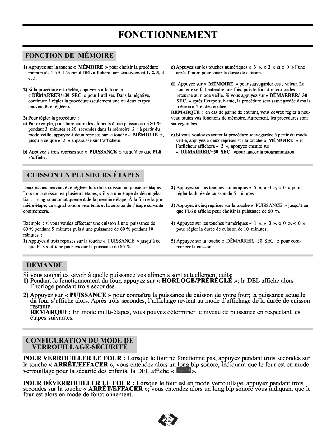 Danby DMW099BLSDD operating instructions Fonctionnement, Fonction De Mémoire, Cuisson En Plusieurs Étapes, Demande 