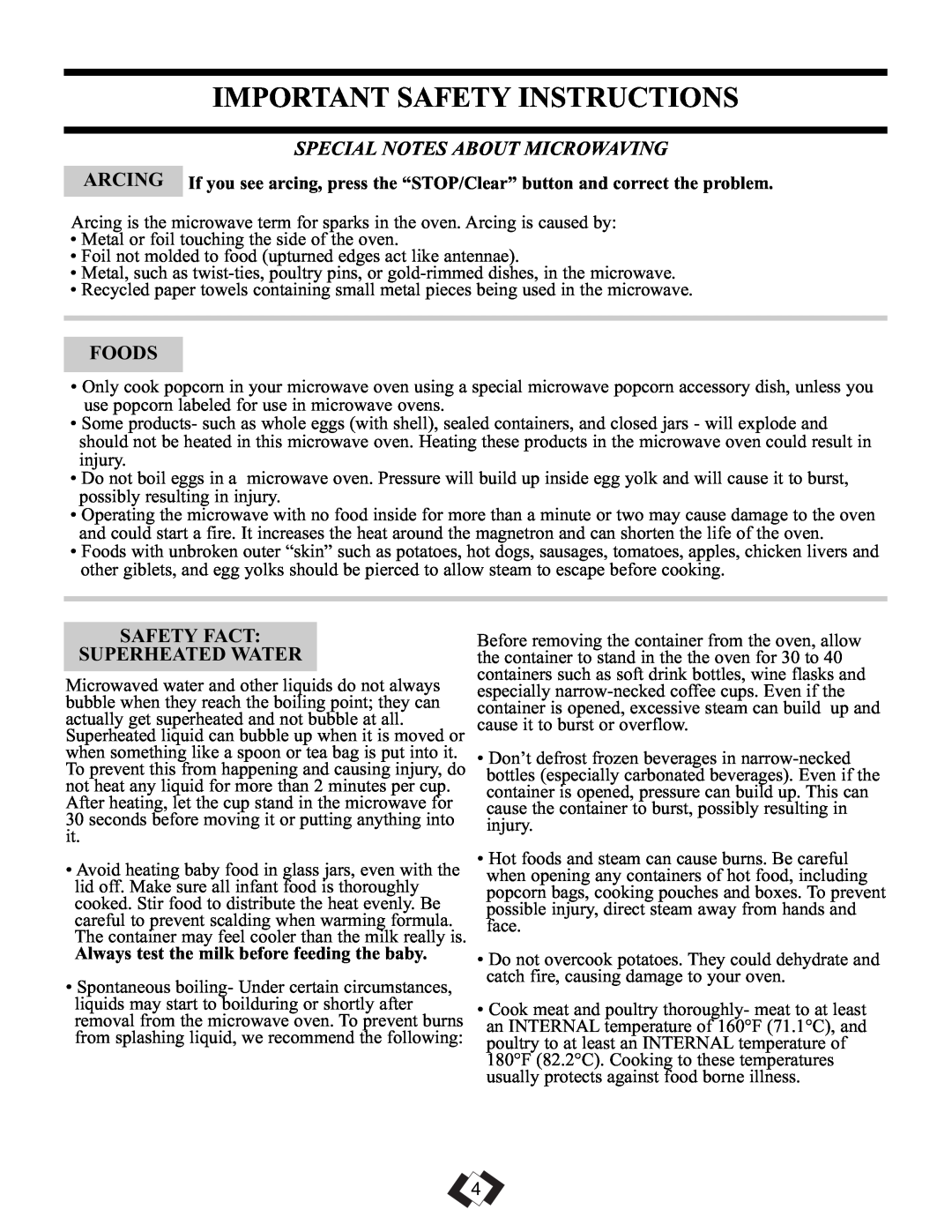 Danby DMW099BLSDD Important Safety Instructions, Special Notes About Microwaving, Foods, Safety Fact Superheated Water 