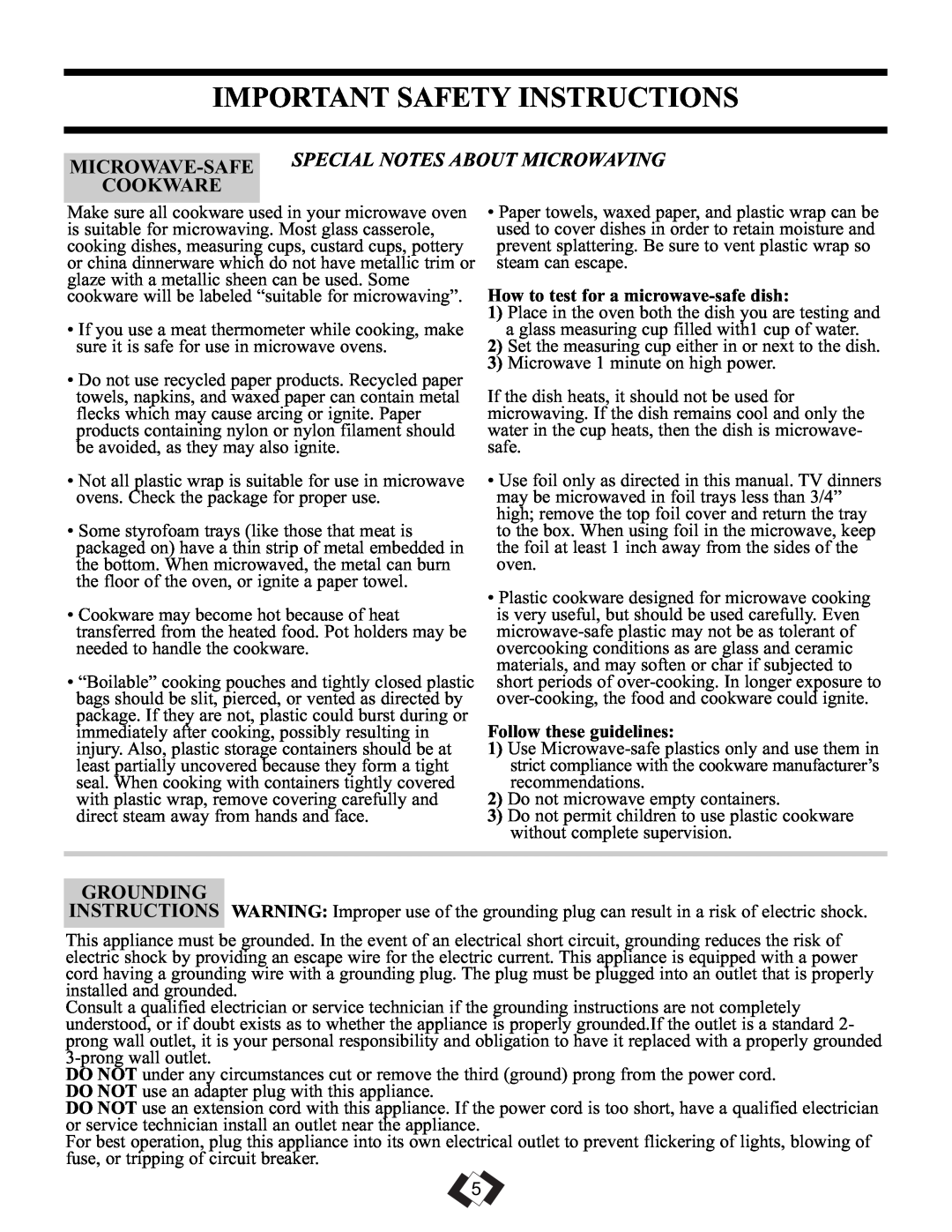 Danby DMW099BLSDD Important Safety Instructions, Grounding, How to test for a microwave-safedish, Follow these guidelines 
