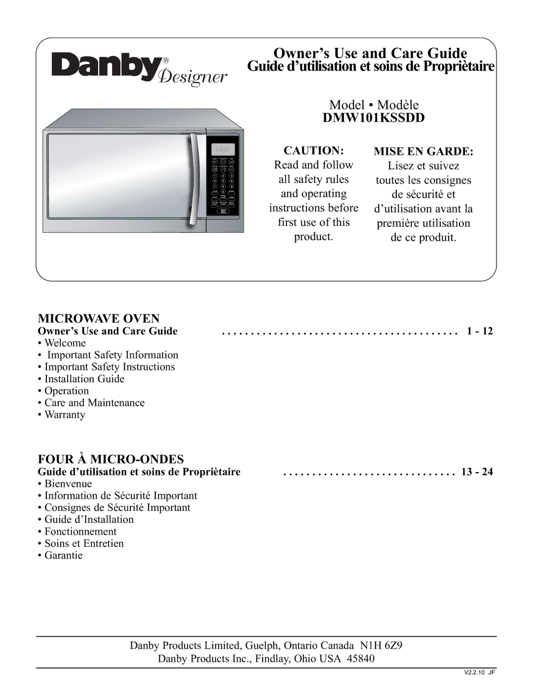 Danby DMW101KSSDD operating instructions Owner’s Use and Care Guide, Guide d’utilisation et soins de Propriètaire 