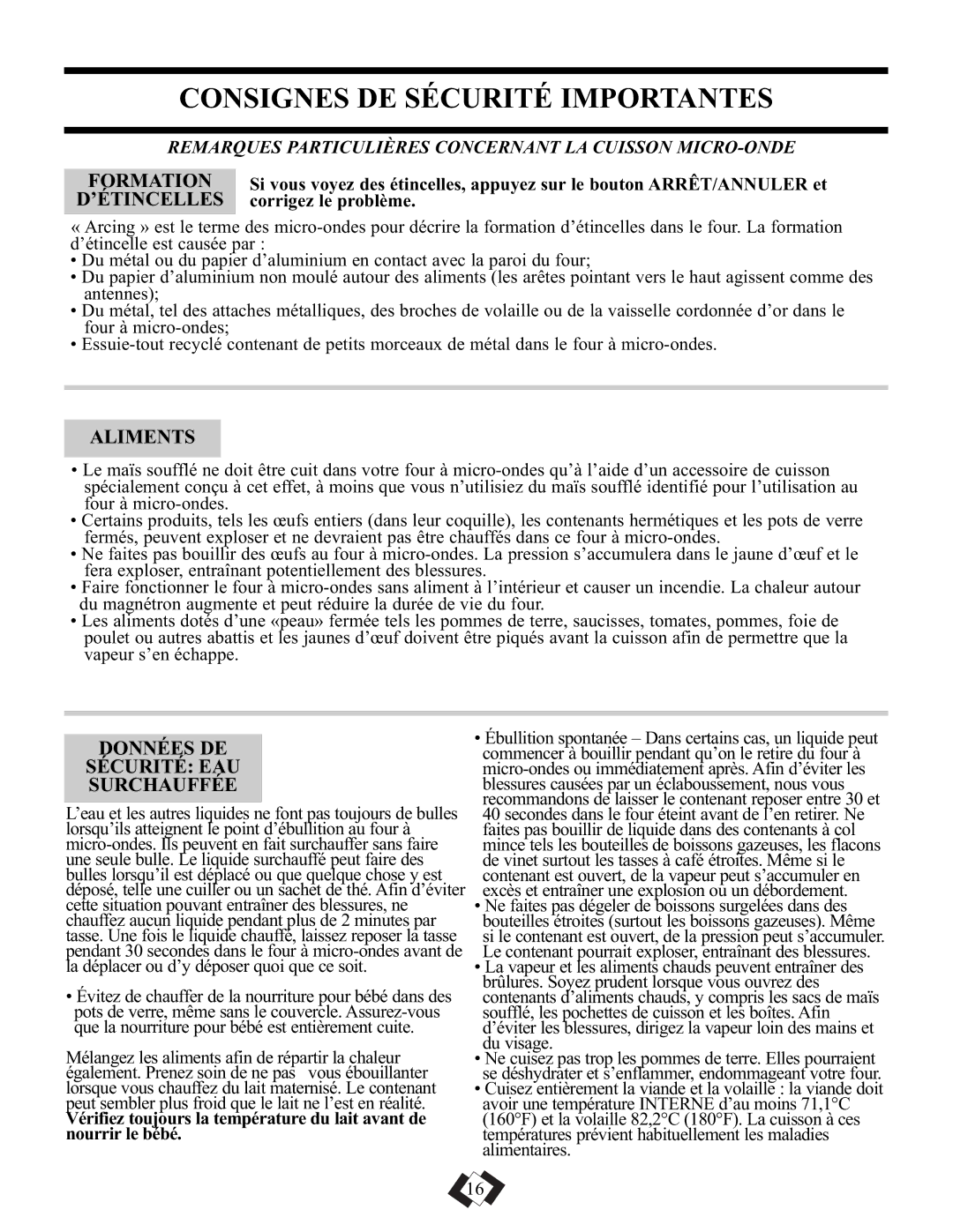 Danby DMW101KSSDD Formation, ’Étincelles, Aliments, Données DE Sécurité EAU Surchauffée, Corrigez le problème 