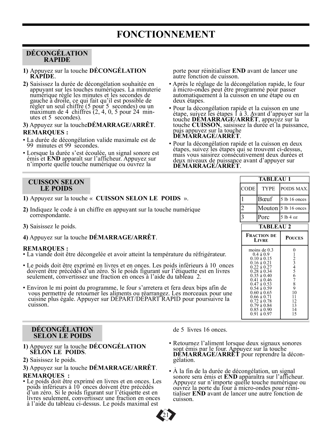 Danby DMW101KSSDD operating instructions Décongélation Rapide, Cuisson Selon LE Poids, Décongélation Selon LE Poids 