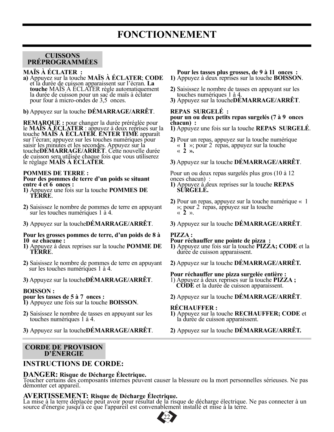 Danby DMW101KSSDD operating instructions Cuissons Préprogrammées, Corde DE Provision ’ÉNERGIE 