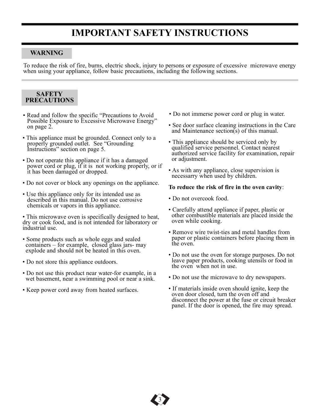 Danby DMW101KSSDD Important Safety Instructions, Safety Precautions, To reduce the risk of fire in the oven cavity 