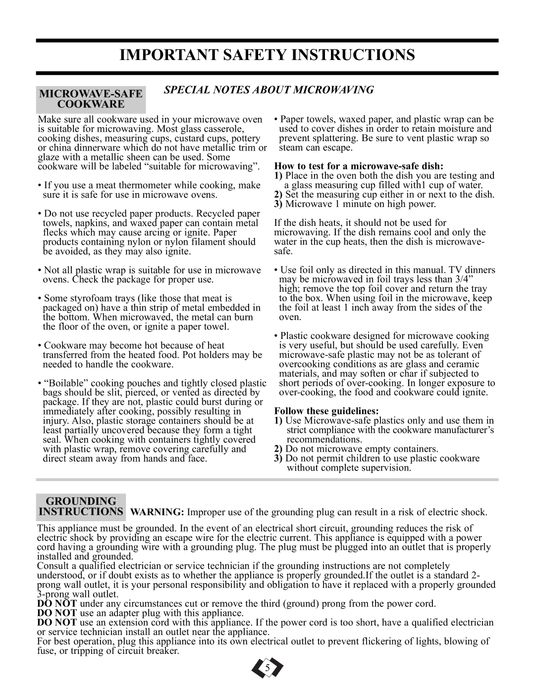 Danby DMW101KSSDD MICROWAVE-SAFESPECIAL Notes about Microwaving Cookware, Grounding, How to test for a microwave-safe dish 