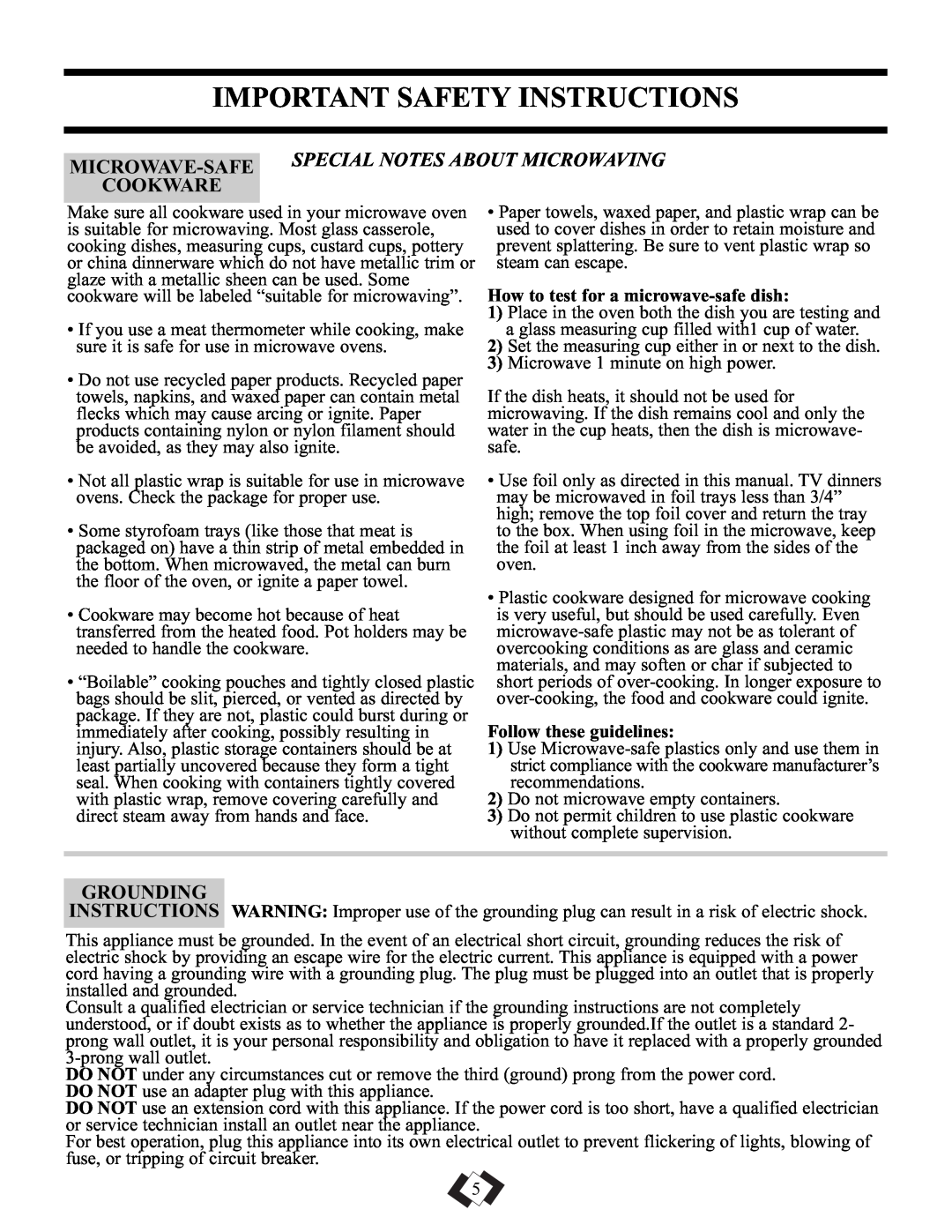 Danby DMW101KSSDD Important Safety Instructions, Microwave-Safe Special Notes About Microwaving Cookware, Grounding 