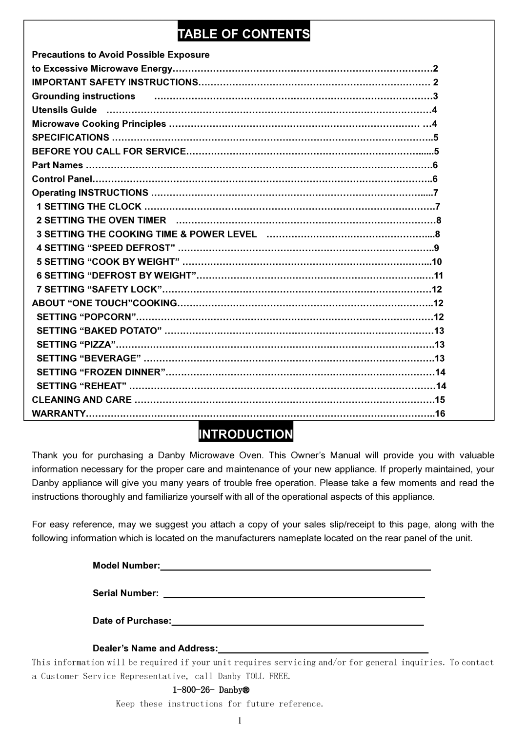 Danby DMW1048SS owner manual Table of Contents 