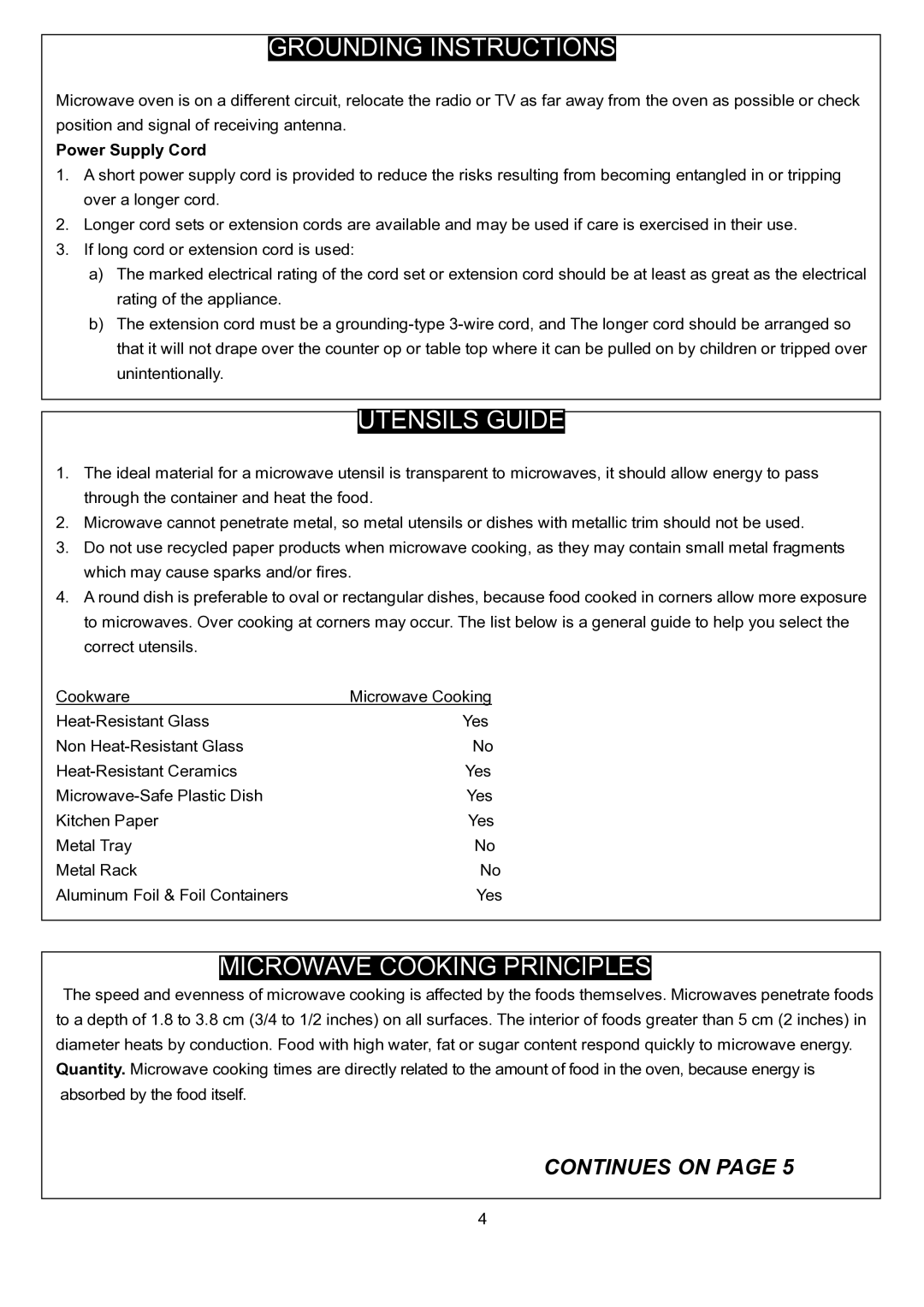 Danby DMW1048SS owner manual Utensils Guide, Microwave Cooking Principles, Power Supply Cord 