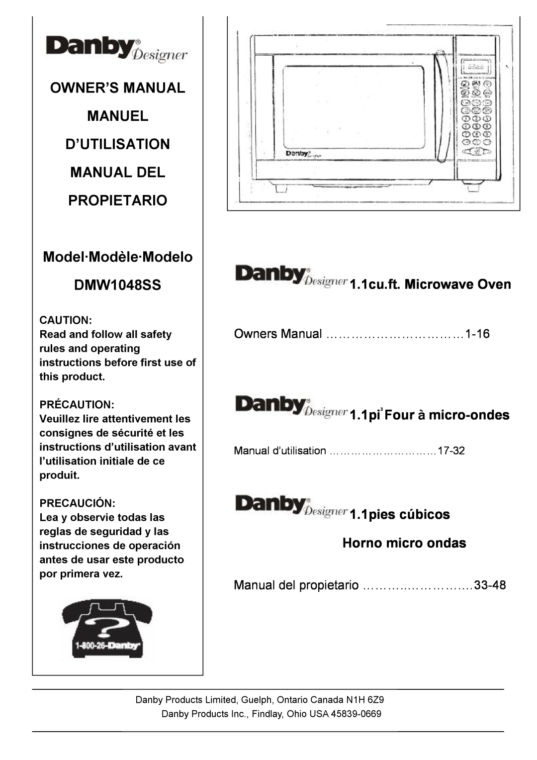 Danby owner manual Model·Modèle·Modelo DMW1048SS, Manual del propietario ………..………….…33-48, 1.1cu.ft. Microwave Oven 