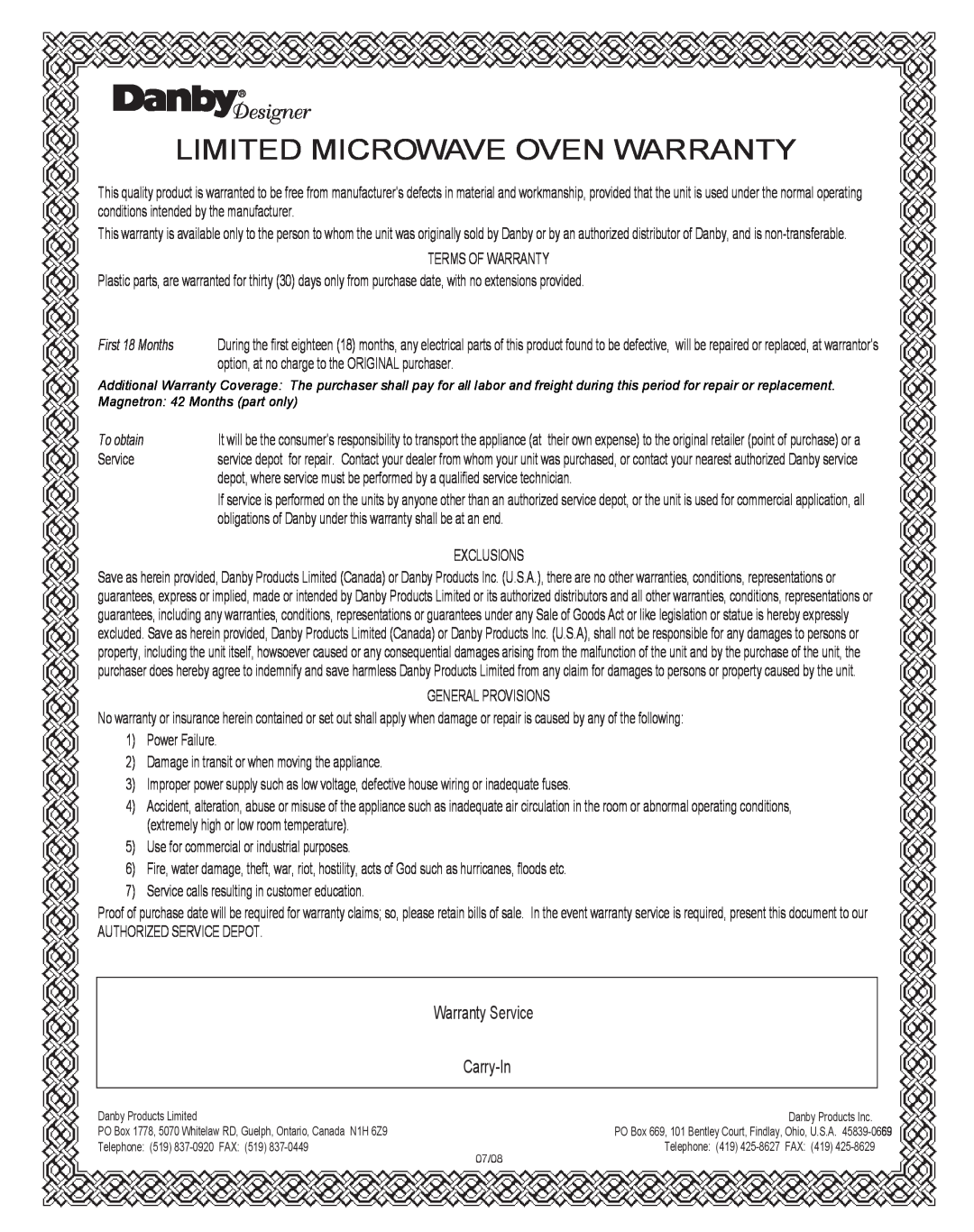 Danby DMW1048SS owner manual Limited Microwave Oven Warranty, Warranty Service, Carry-In, First 18 Months, To obtain 