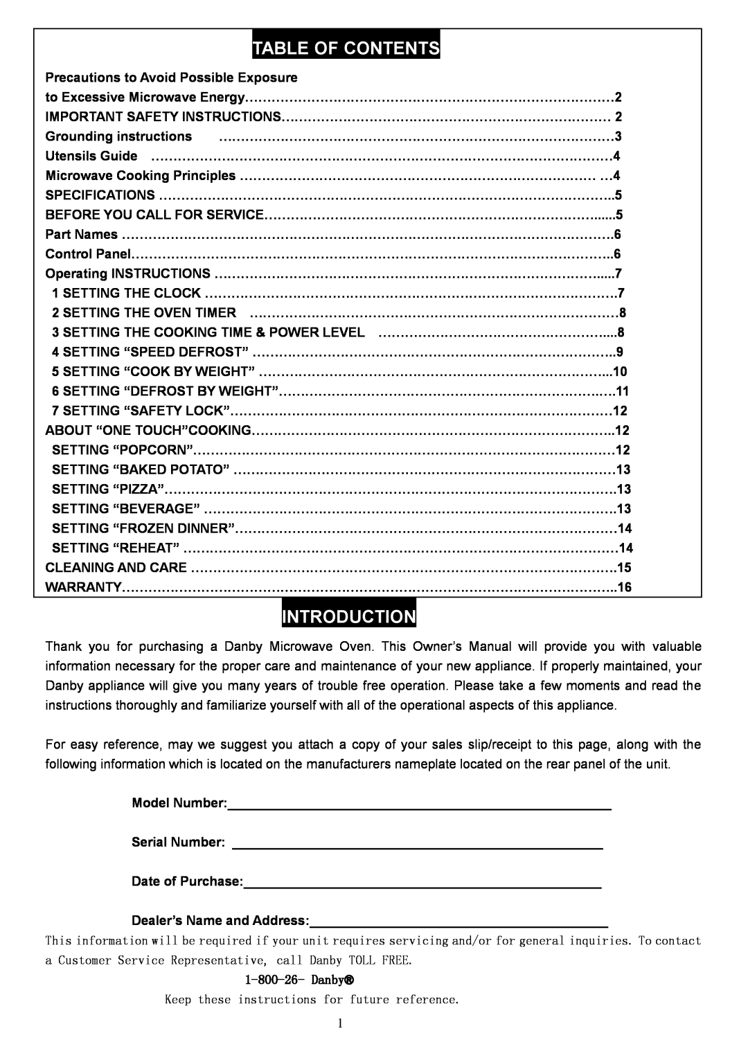 Danby DMW1048SS owner manual Table Of Contents, Introduction, Danby Keep these instructions for future reference 