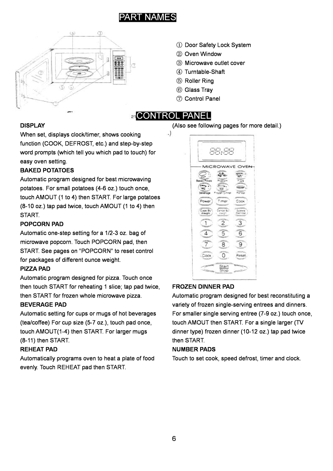 Danby DMW1048SS owner manual Part Names, Concontrol Panel 