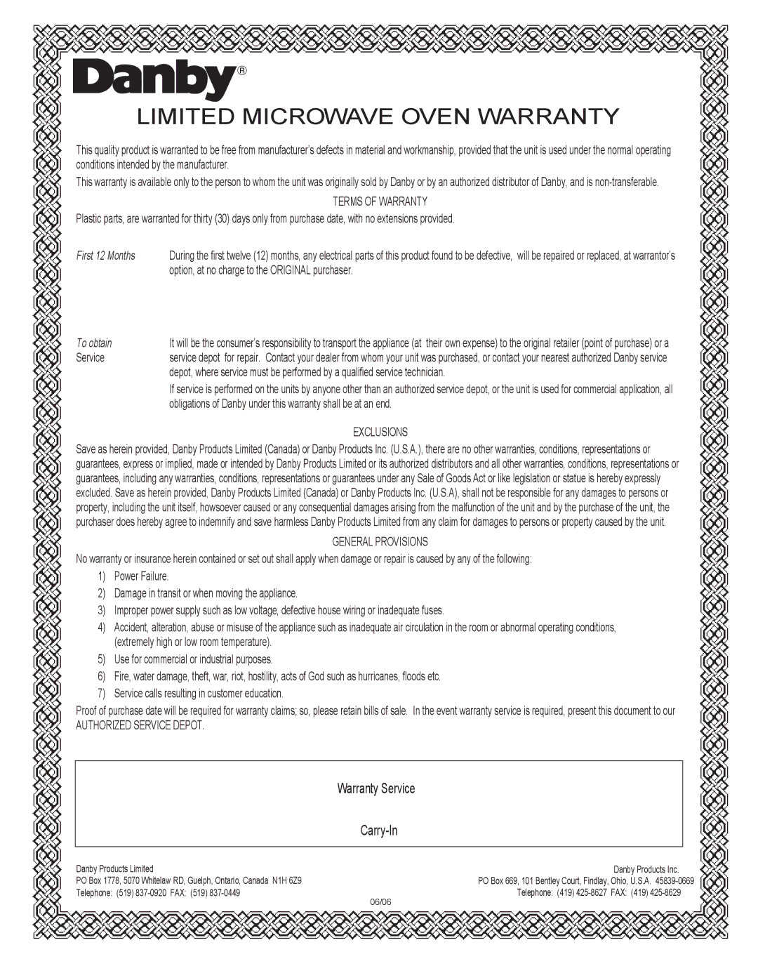 Danby DMW104W owner manual Limited Microwave Oven Warranty 