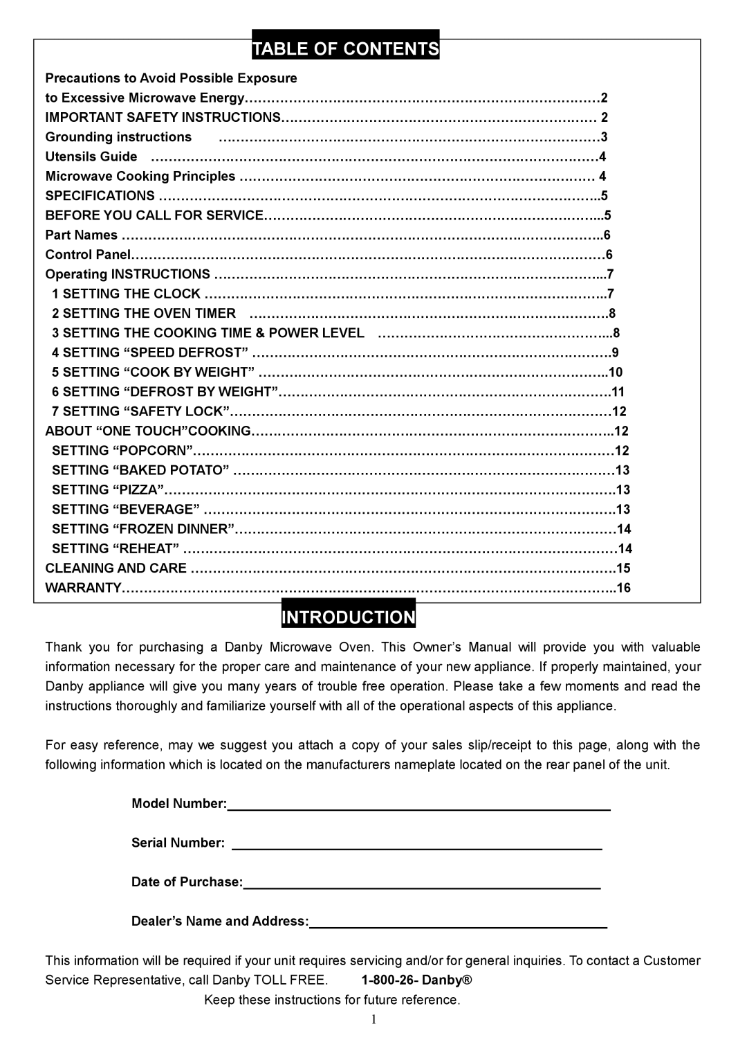 Danby DMW104W owner manual Table of Contents 