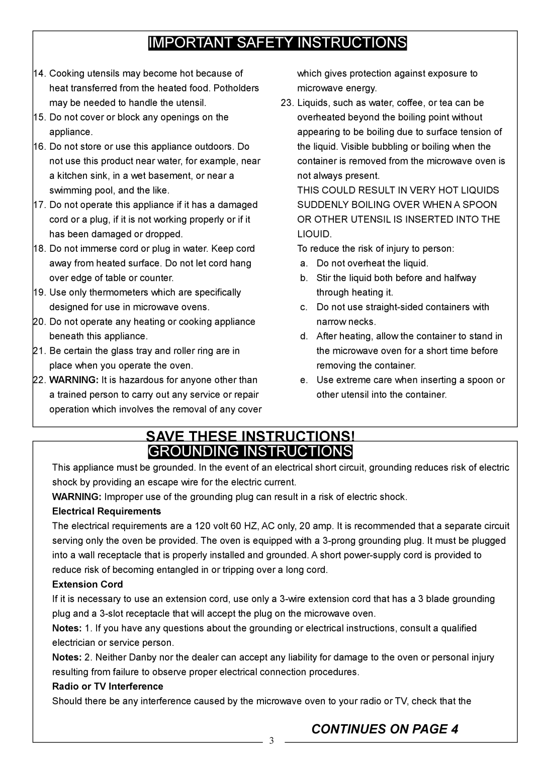 Danby DMW104W owner manual Grounding Instructions, Electrical Requirements, Extension Cord, Radio or TV Interference 