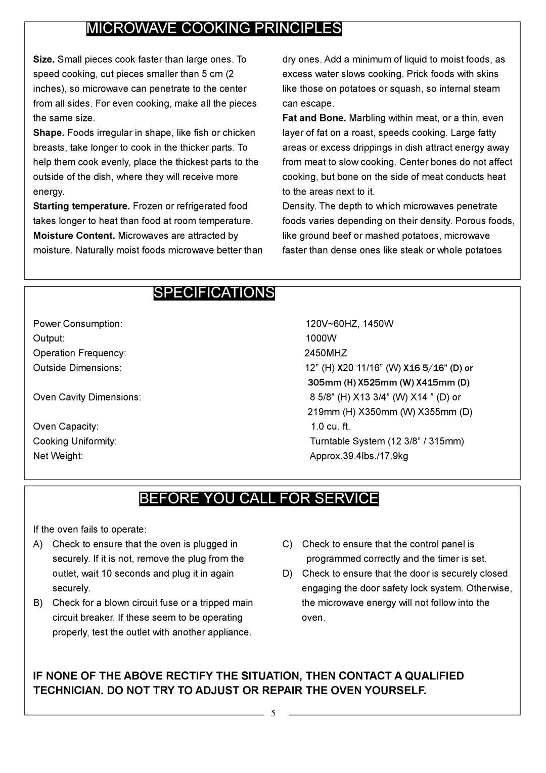 Danby DMW104W owner manual Specifications, Before YOU Call for Service 