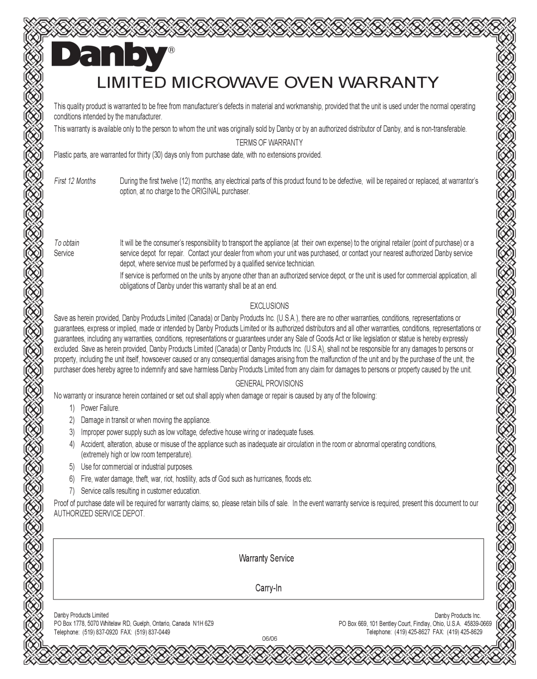 Danby DMW104W owner manual Limited Microwave Oven Warranty, Warranty Service, Carry-In, First 12 Months, To obtain 