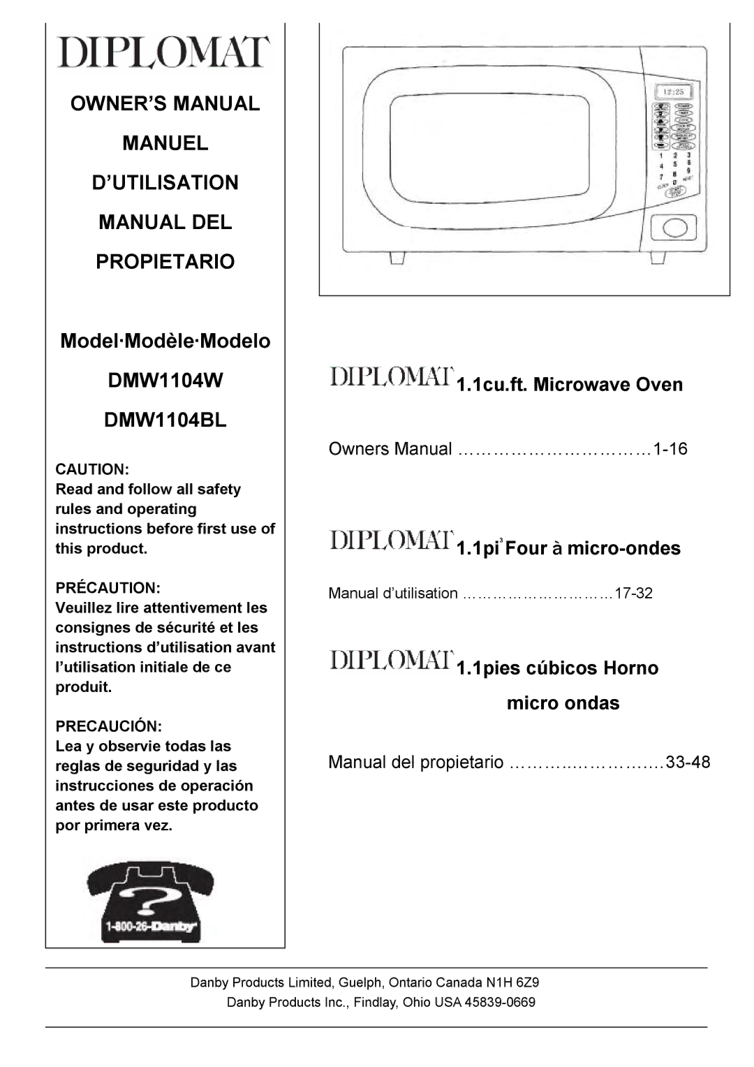 Danby DMW1104BL owner manual Manuel ’UTILISATION Manual DEL Propietario 