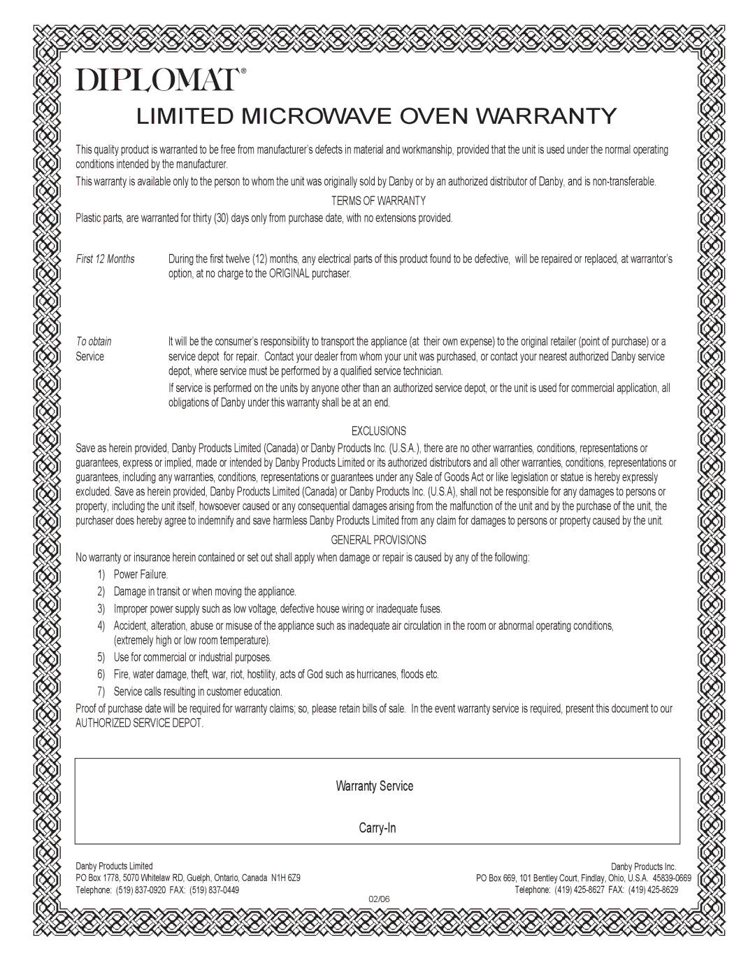 Danby DMW1104BL owner manual Limited Microwave Oven Warranty 