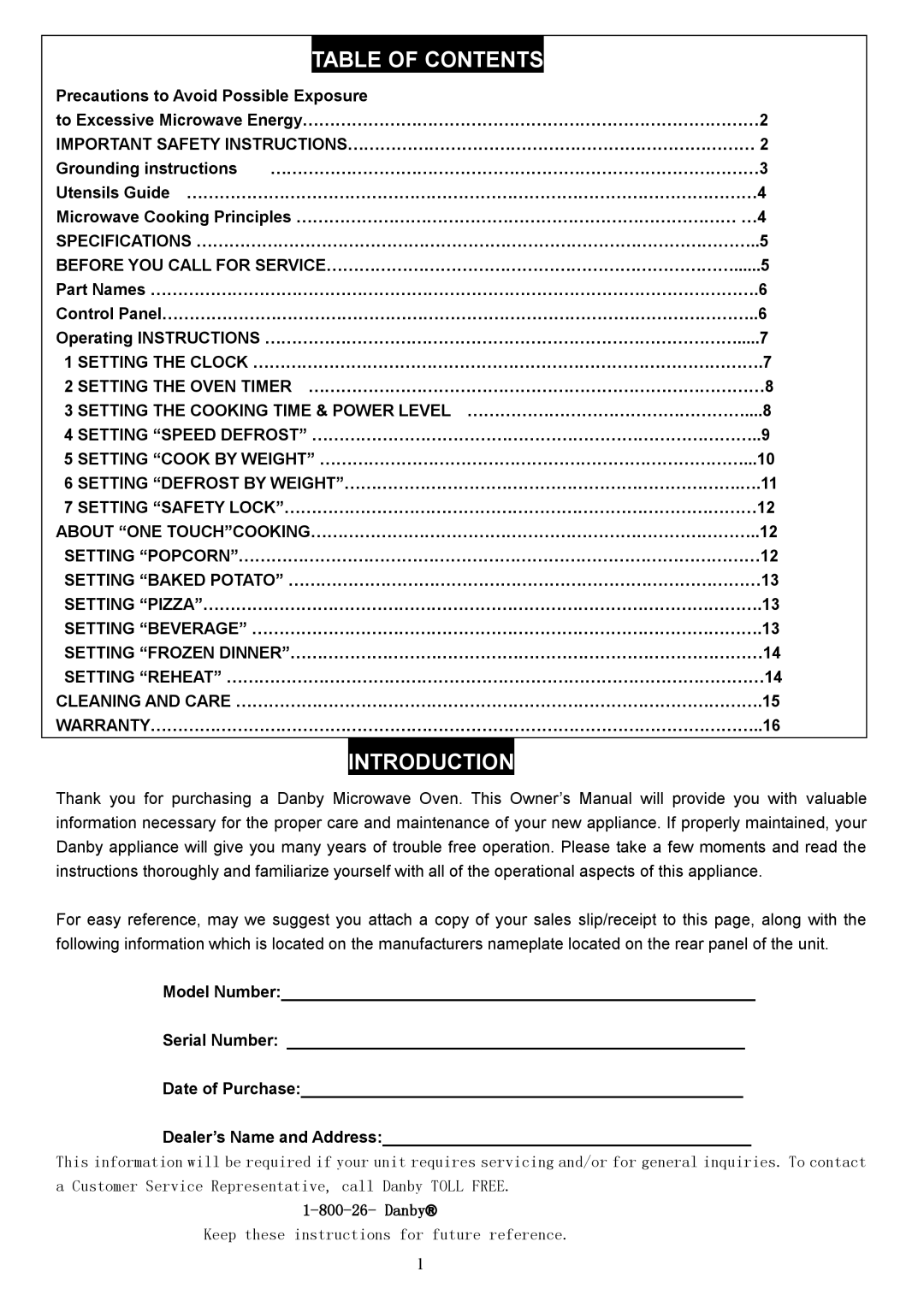 Danby DMW1104BL owner manual Table of Contents 