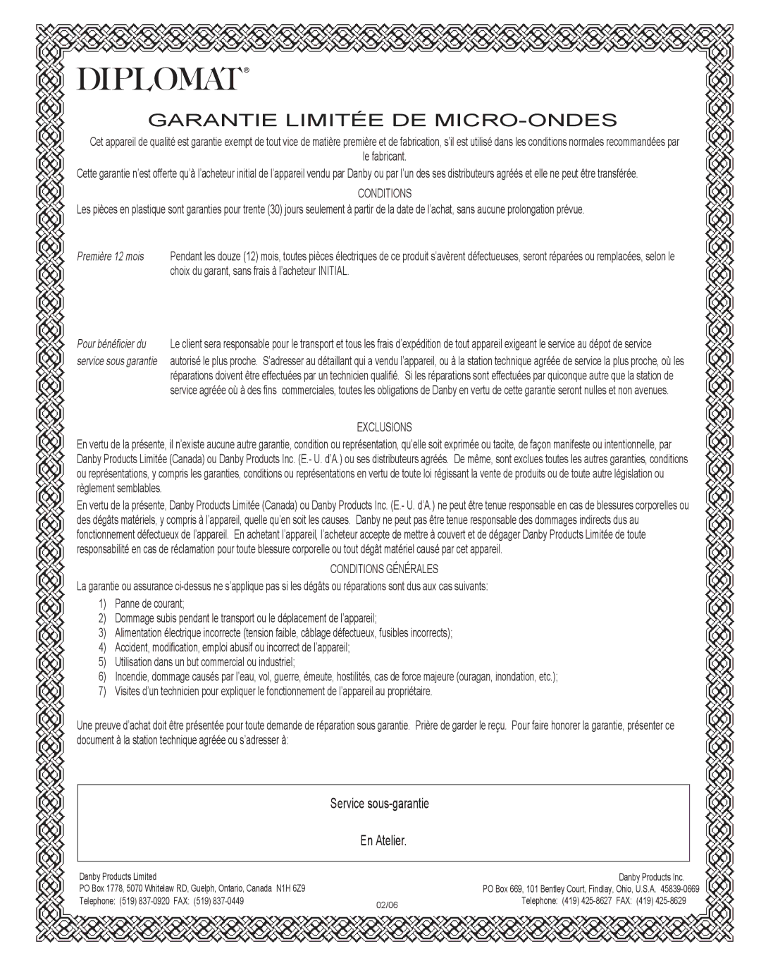 Danby DMW1104BL owner manual Garantie Limitée DE MICRO-ONDES 