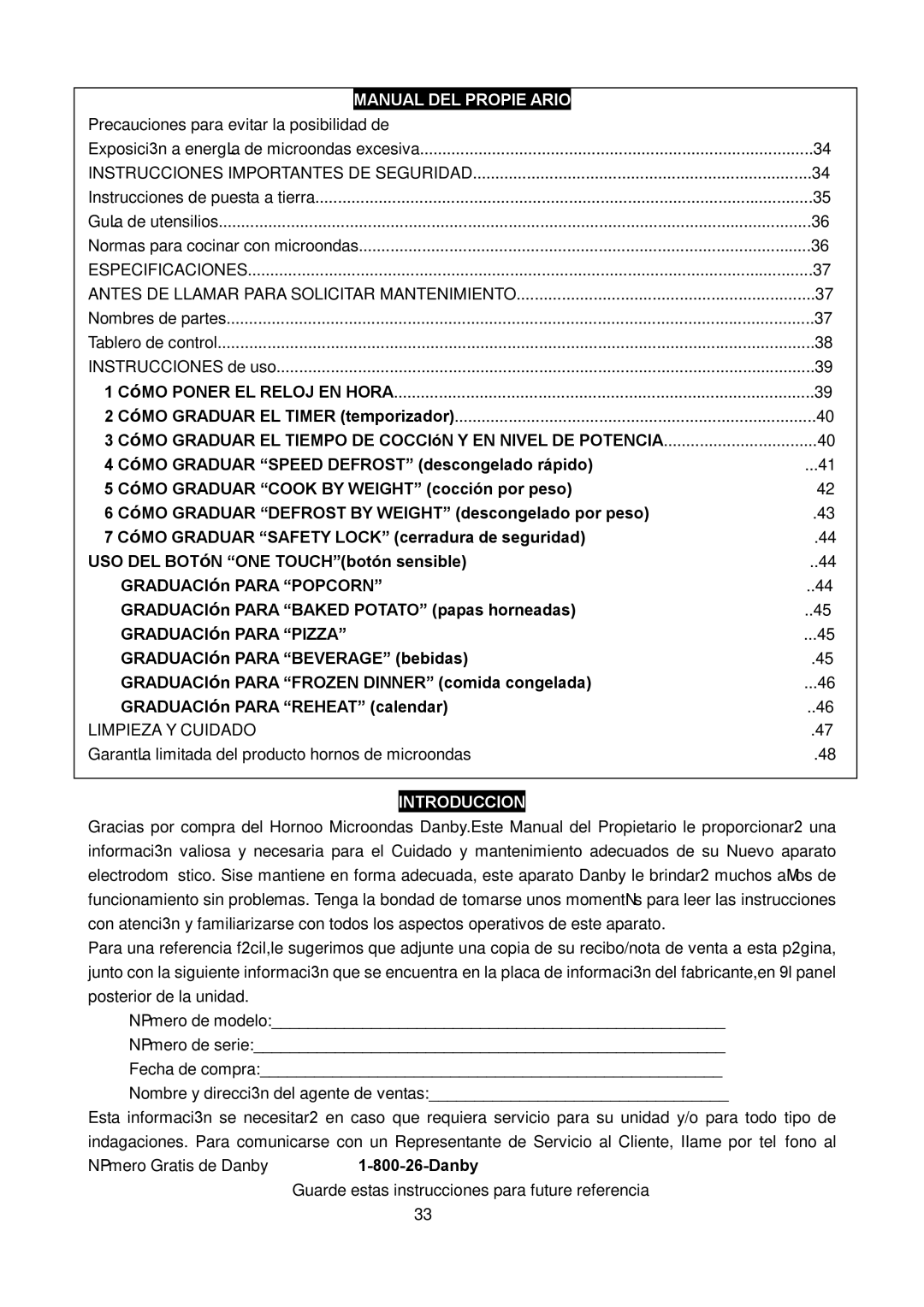 Danby DMW1104BL owner manual Manual DEL Propie Ario, Instrucciones Importantes DE Seguridad, Introduccion, Danby 