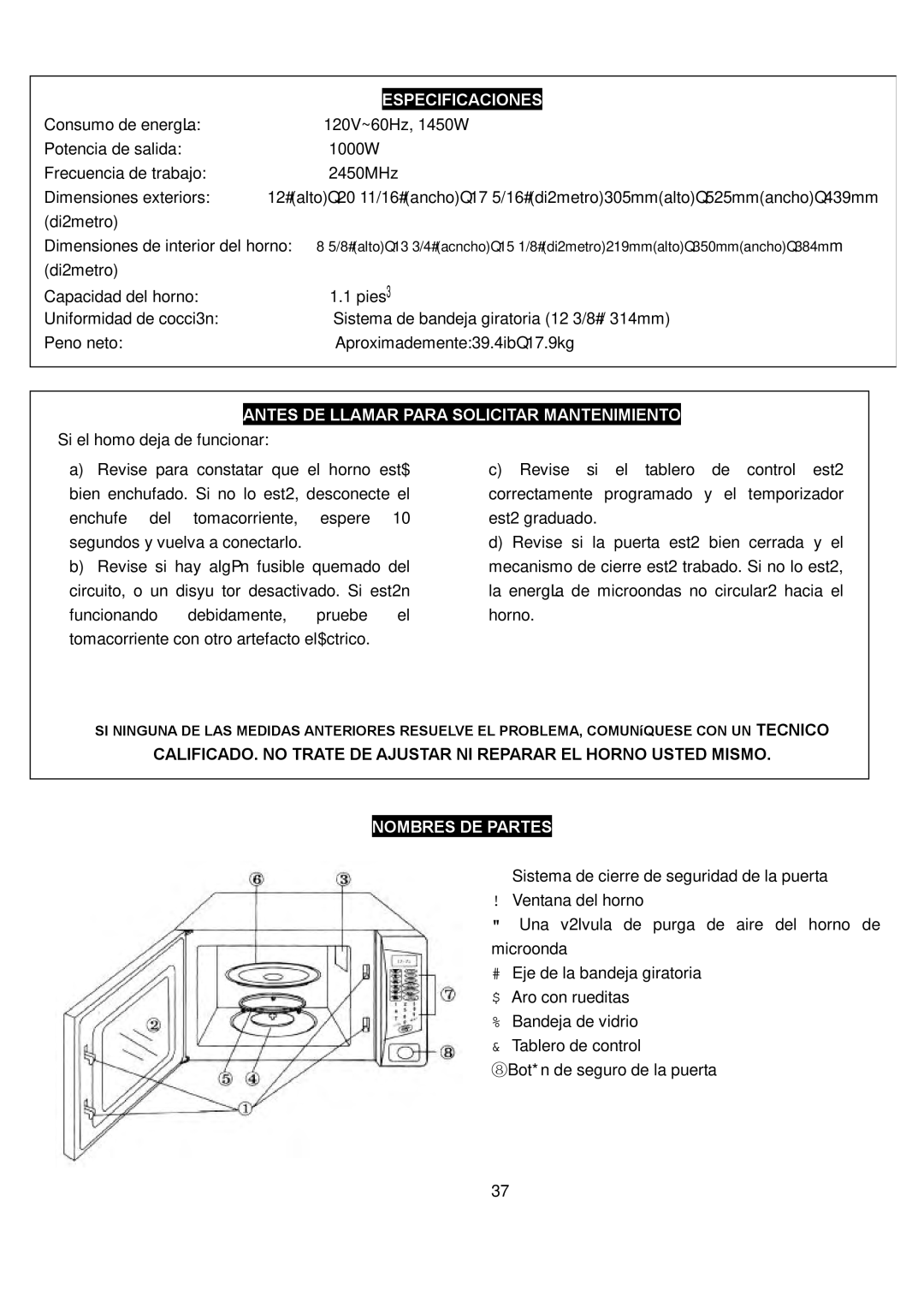 Danby DMW1104BL owner manual Especificaciones, Antes DE Llamar Para Solicitar Mantenimiento, Nombres DE Partes 