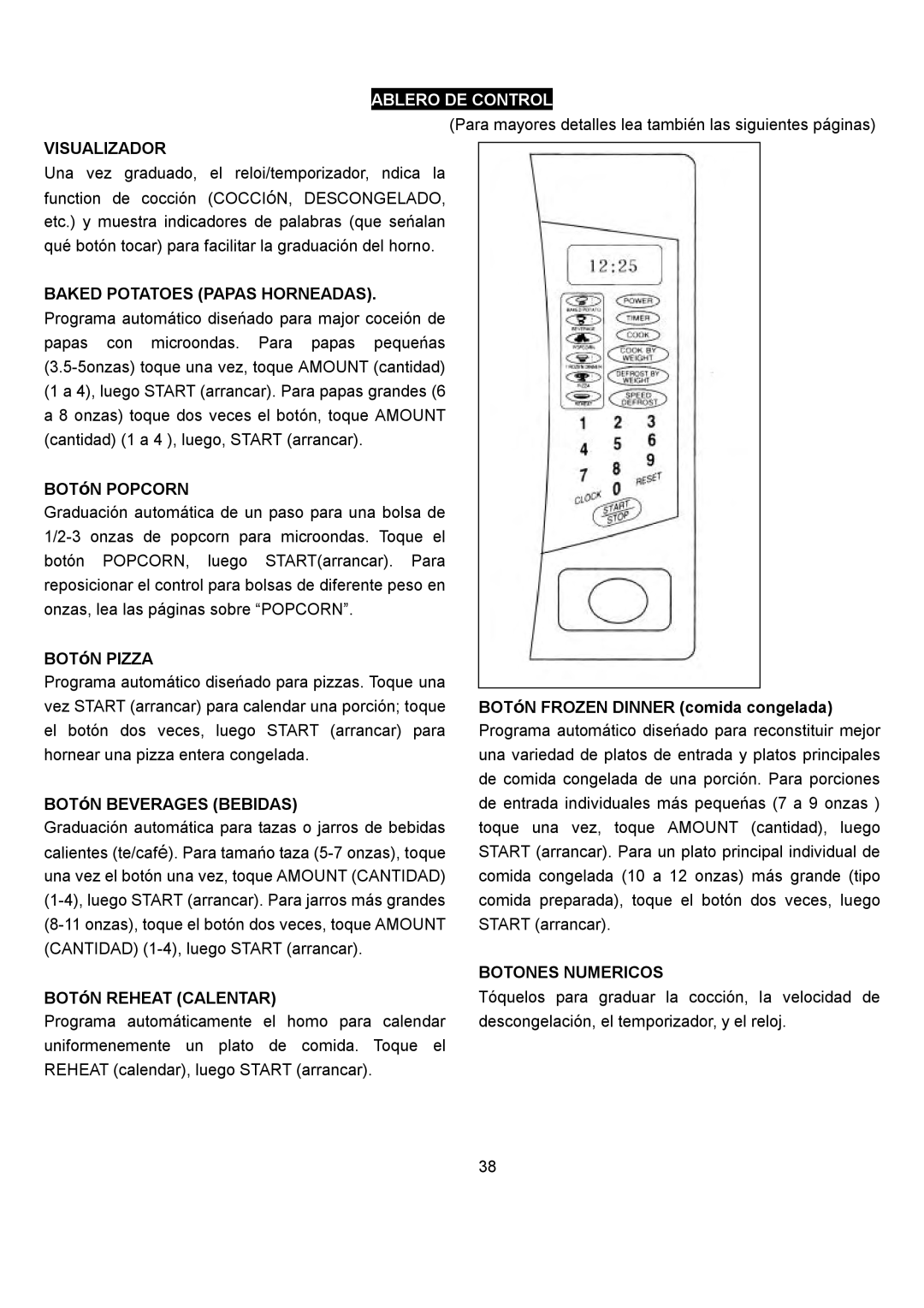 Danby DMW1104BL owner manual Ablero DE Control, Visualizador, Baked Potatoes Papas Horneadas, Botones Numericos 