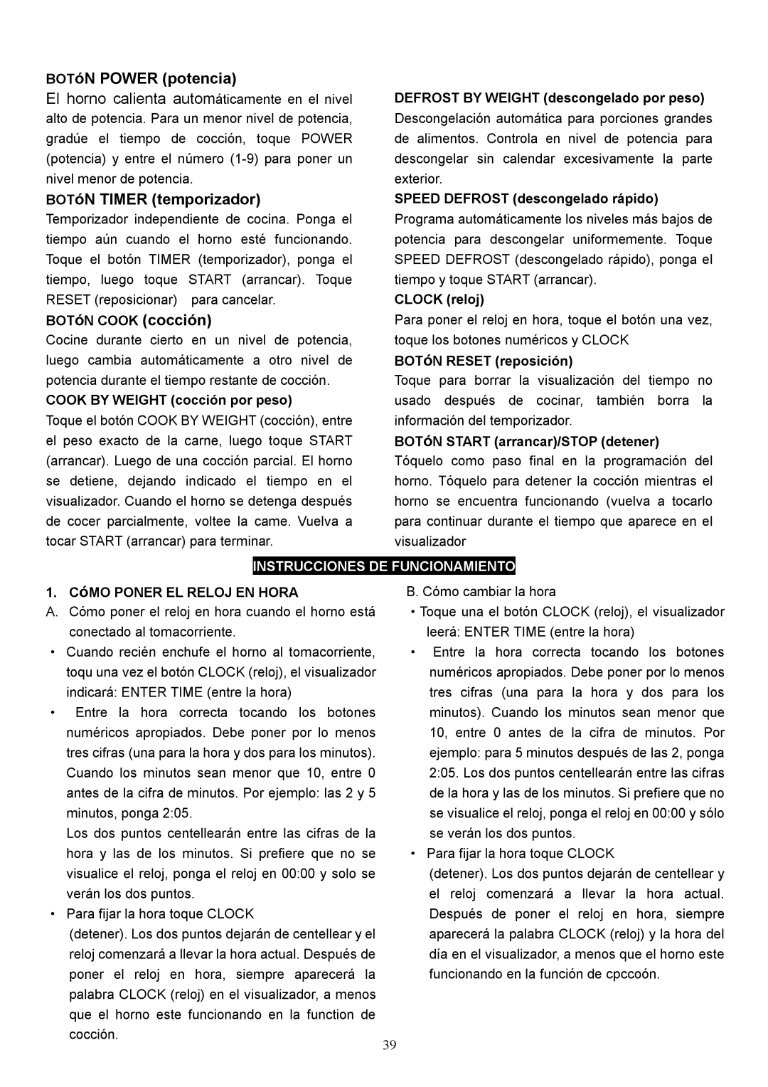 Danby DMW1104BL owner manual Instrucciones DE Funcionamiento 