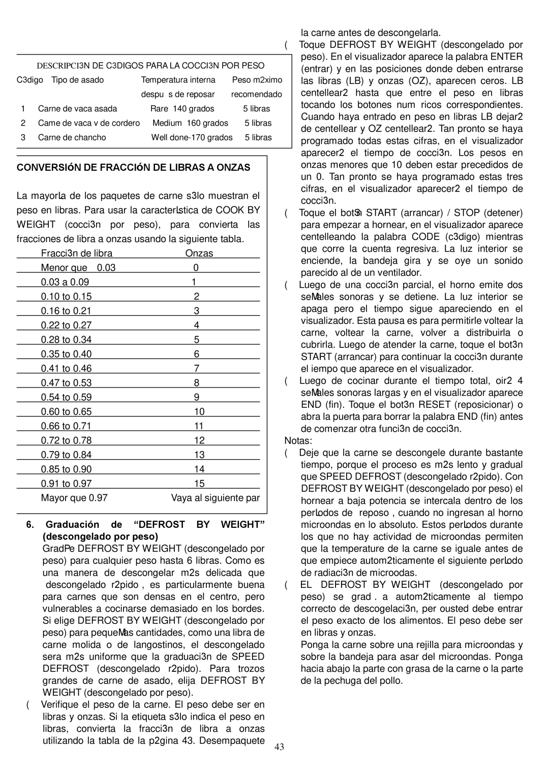 Danby DMW1104BL CONVERSIóN DE FRACCIóN DE Libras a Onzas, Graduación de Defrost by Weight, Descongelado por peso 