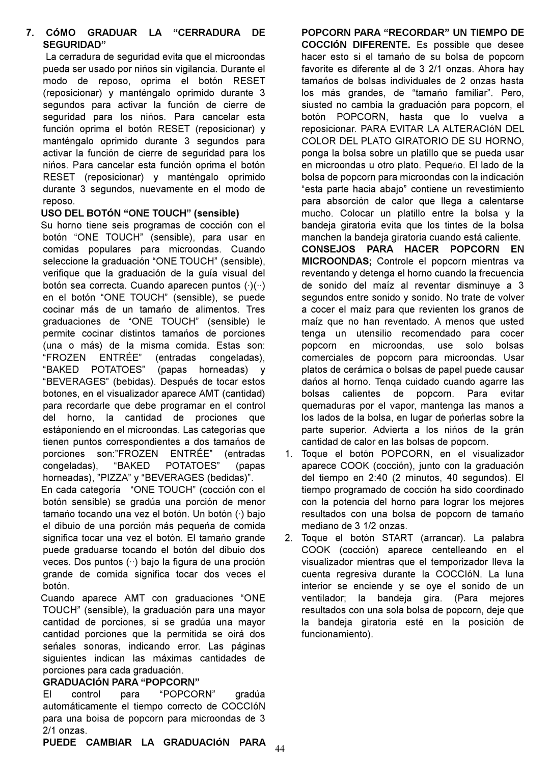 Danby DMW1104BL CóMO Graduar LA Cerradura DE Seguridad, USO DEL BOTóN ONE Touch sensible, GRADUACIóN Para Popcorn 