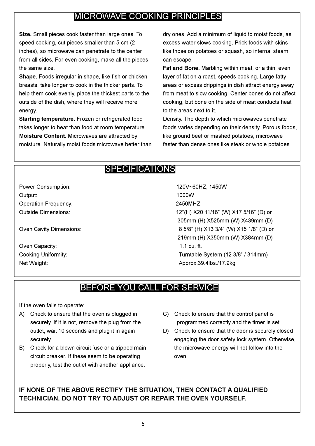 Danby DMW1104BL owner manual Specifications, Before YOU Call for Service 